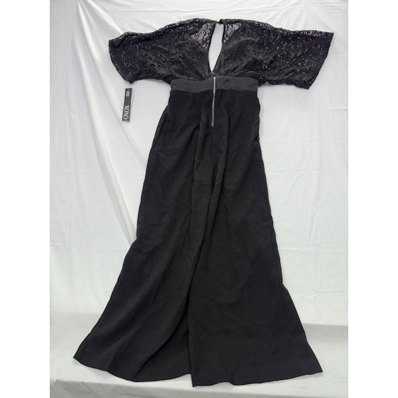 XOXO Lace V-Neck Jumpsuit Short Sleeve Wide Leg Formal Black Womens Size XS
