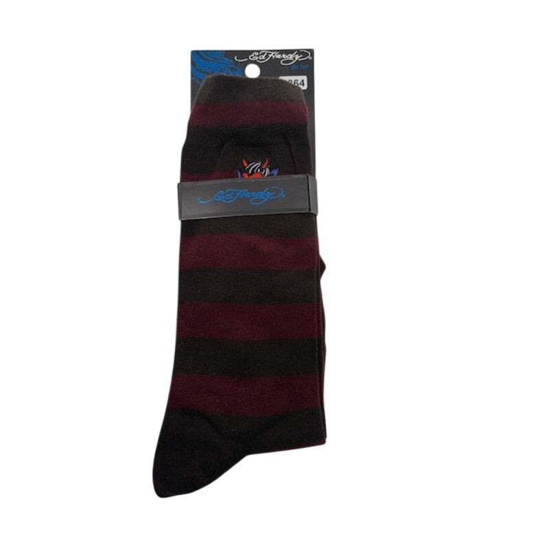 Ed Hardy Devil Tattoo Graphic Mid Calf Socks Striped Brown/Burgundy Adult OS