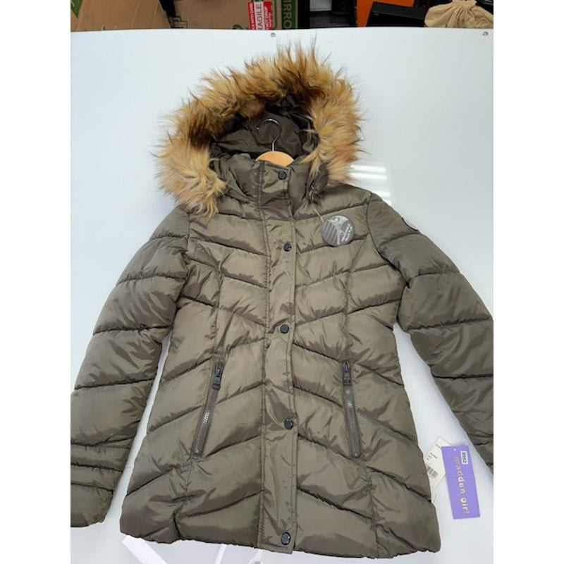 Madden Girl Hooded Faux-Fur-Trim Puffer Coat Zip-Up Olive Juniors Size XS