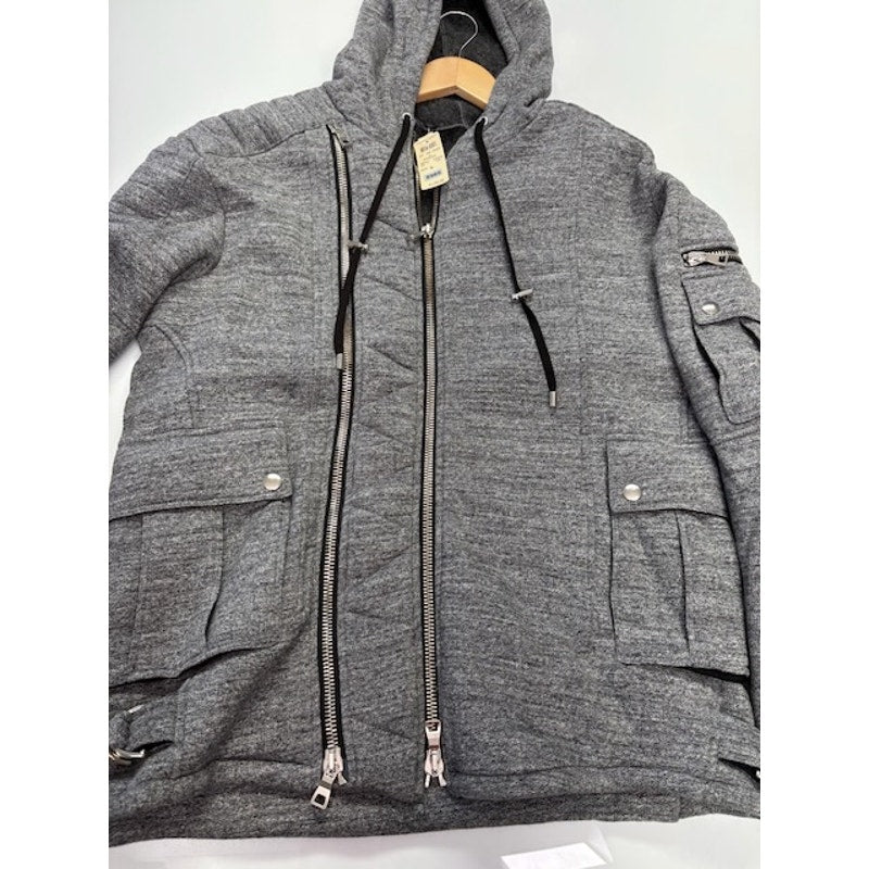 Balmain Quilted Biker Hoodie Two-Way Zip Flap Pockets Gray Mens Size XL