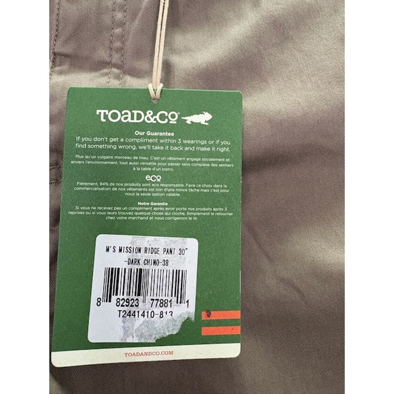 Toad & Co Mission Ridge Pants Mid Rise Regular Fit Dark Chino Mens Sz 38x30