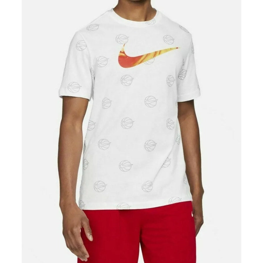 Nike BB Print Swoosh Athletic T-Shirt Dri Fit All Over Print White Mens L
