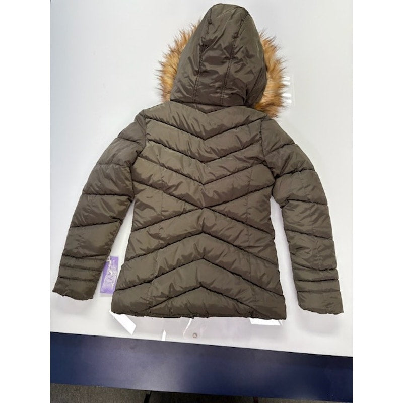 Madden Girl Hooded Faux-Fur-Trim Puffer Coat Zip-Up Olive Juniors Size XS