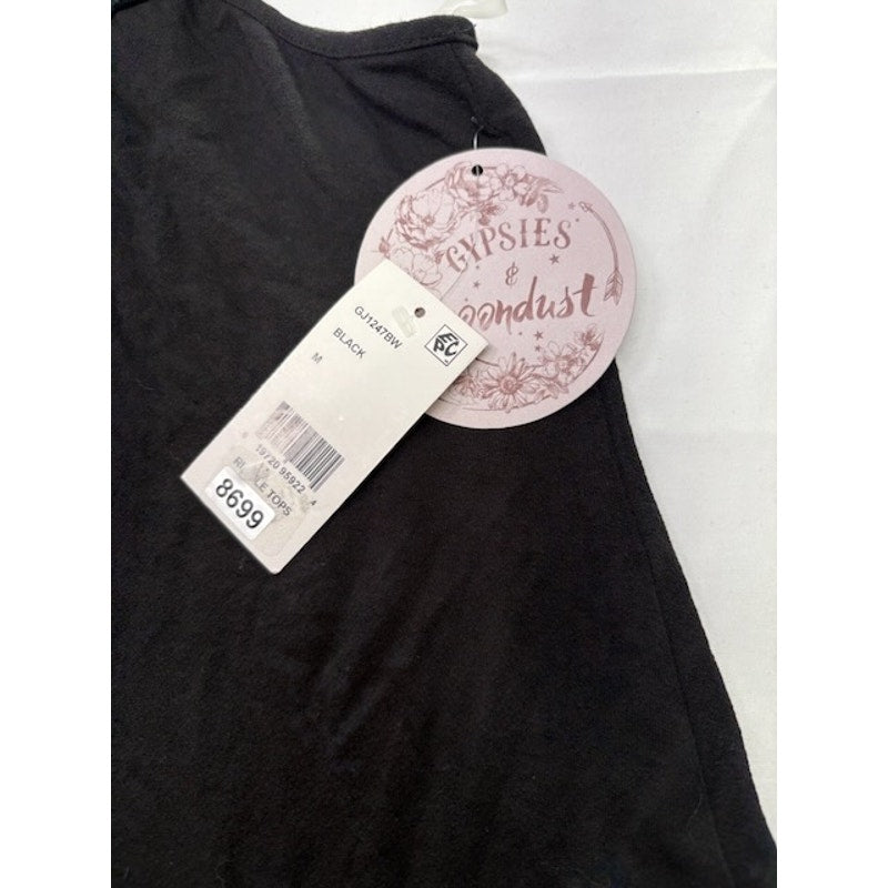 Gypsies & Moondust Floral Lace-Front Ruffle Top Sleeveless Black Womens M