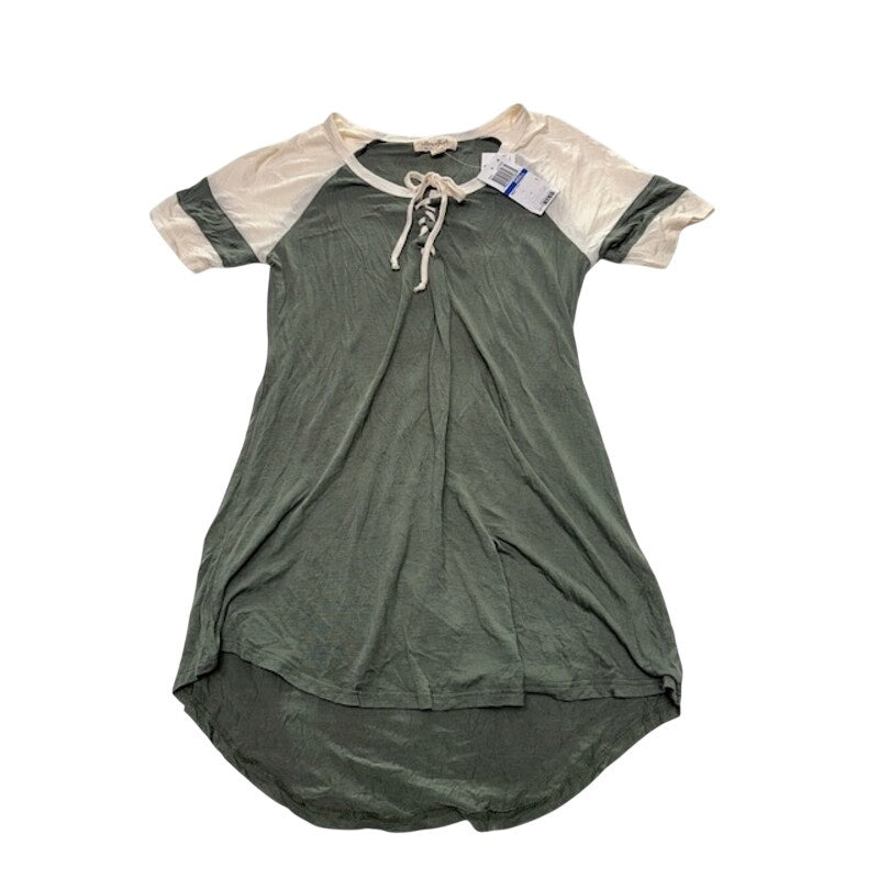 Ultra Flirt Lace-Up Front Tunic Top Short Sleeve Hi-Low Green Ivory Womens S