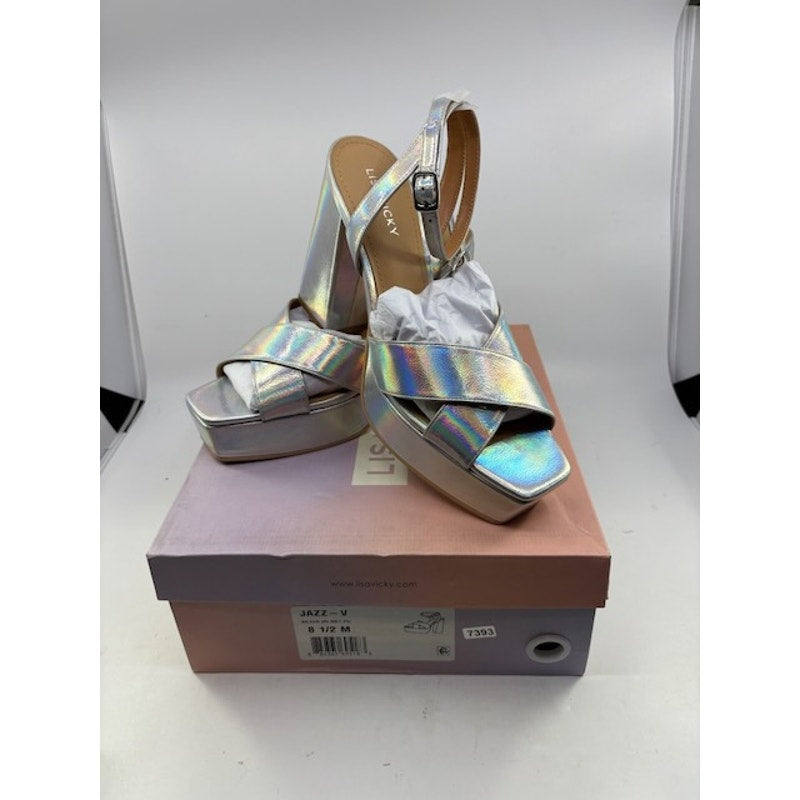 Lisa Vicky JAZZ-V Leather Platform Strappy Sandals Silver Womens Size 8.5