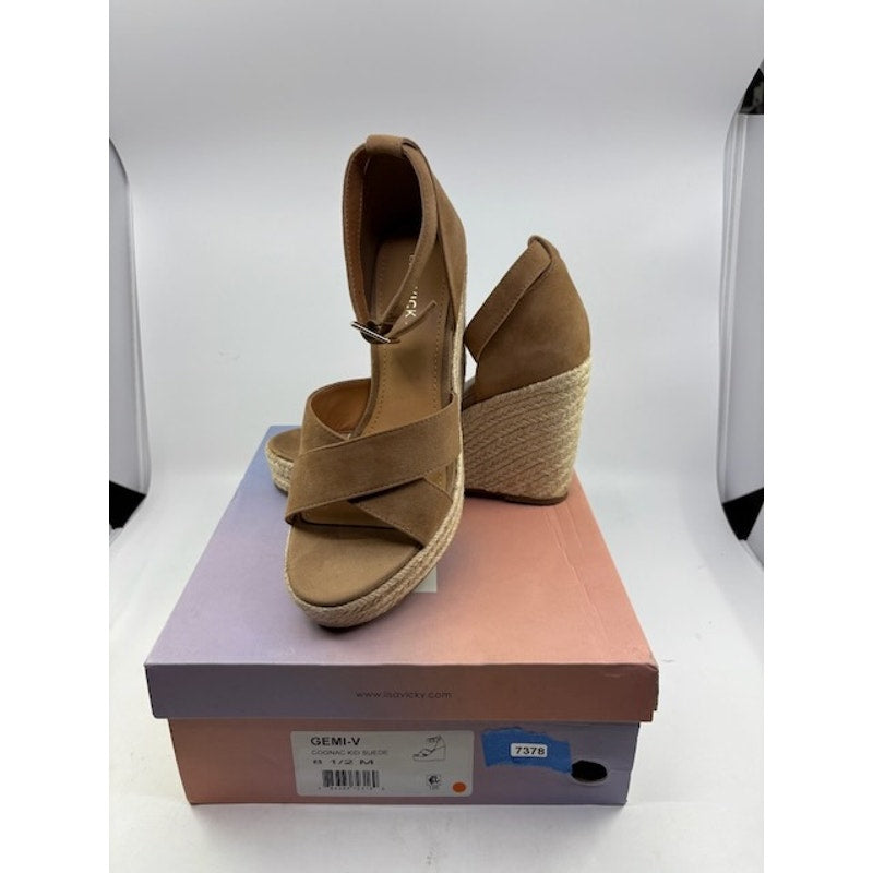 Lisa Vicky Gemi Platform Wedge Sandal Ankle Strap Leather Cognac Womens 8.5