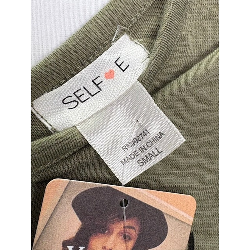 Self E Short Cold-Shoulder Graphic Blouse T-Shirt Olive Green Womens Size S
