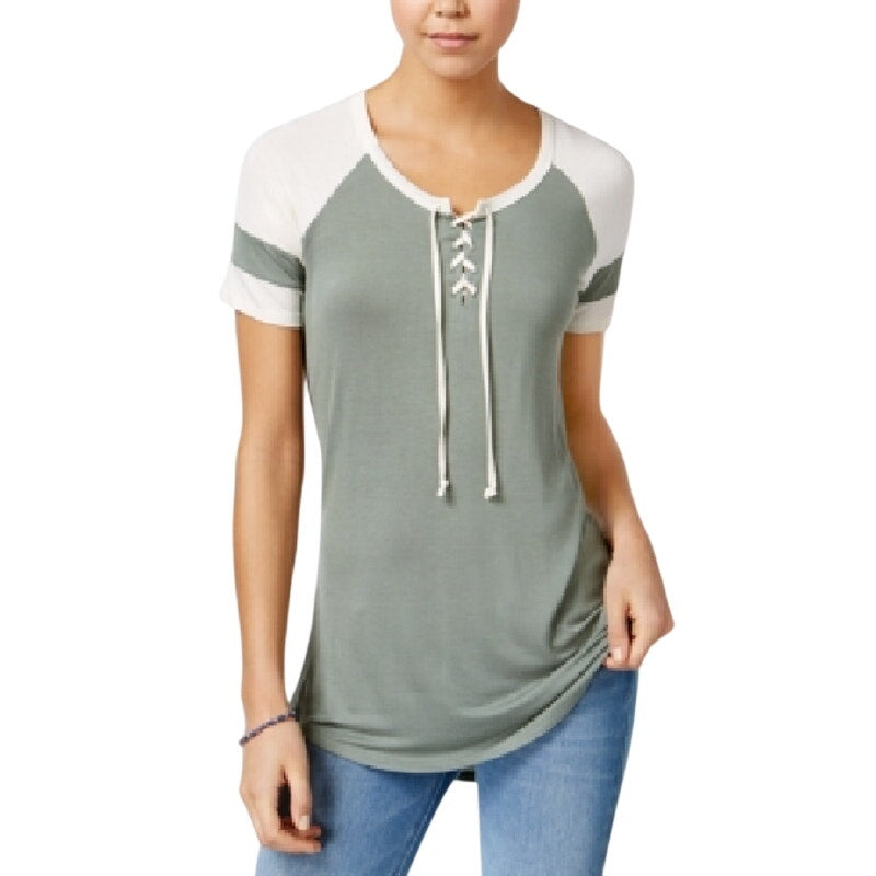 Ultra Flirt Lace-Up Front Tunic Top Short Sleeve Hi-Low Green Ivory Womens S