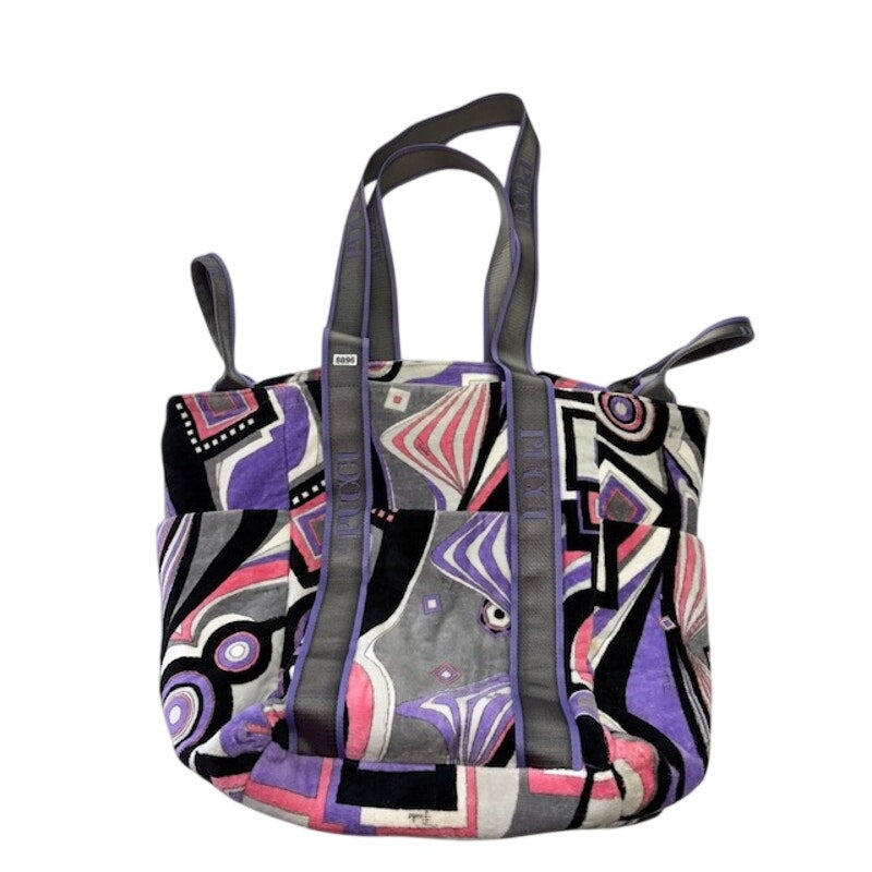Emilio Pucci Tote Bag Abstract Print Velour Open Top Shoulder Bag Purple Pink