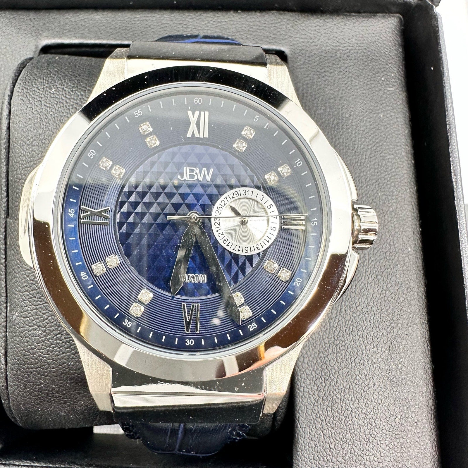 Saxon 48 Genuine Leather Dial Wrist Watch Stainless Steel Blue Silver-Tone