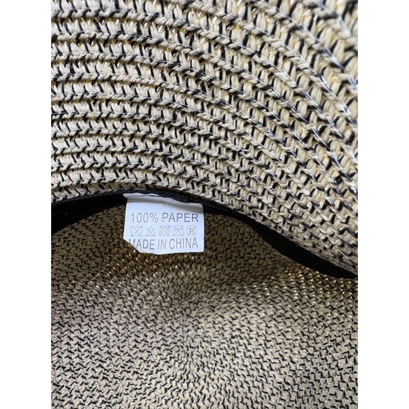 BC25 Straw Wide Brim Sun Hat Ribbon Floppy Summer Cap Beige Black Womens OS