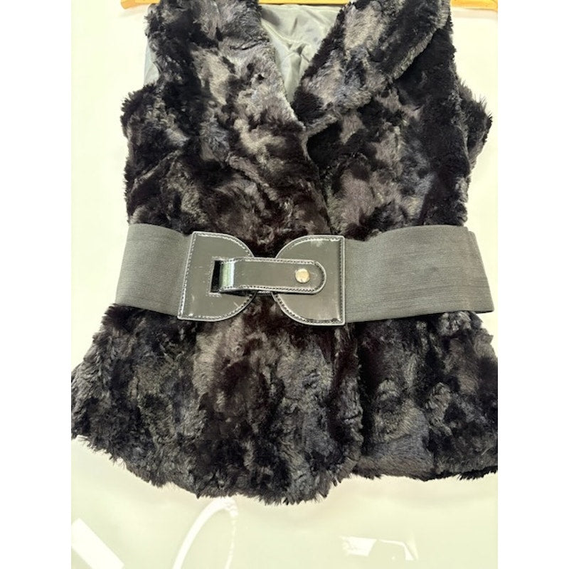 Wal G7 Faux Shaggy Fur Vest Belted Open Front Sleeveless Black Womens Size S