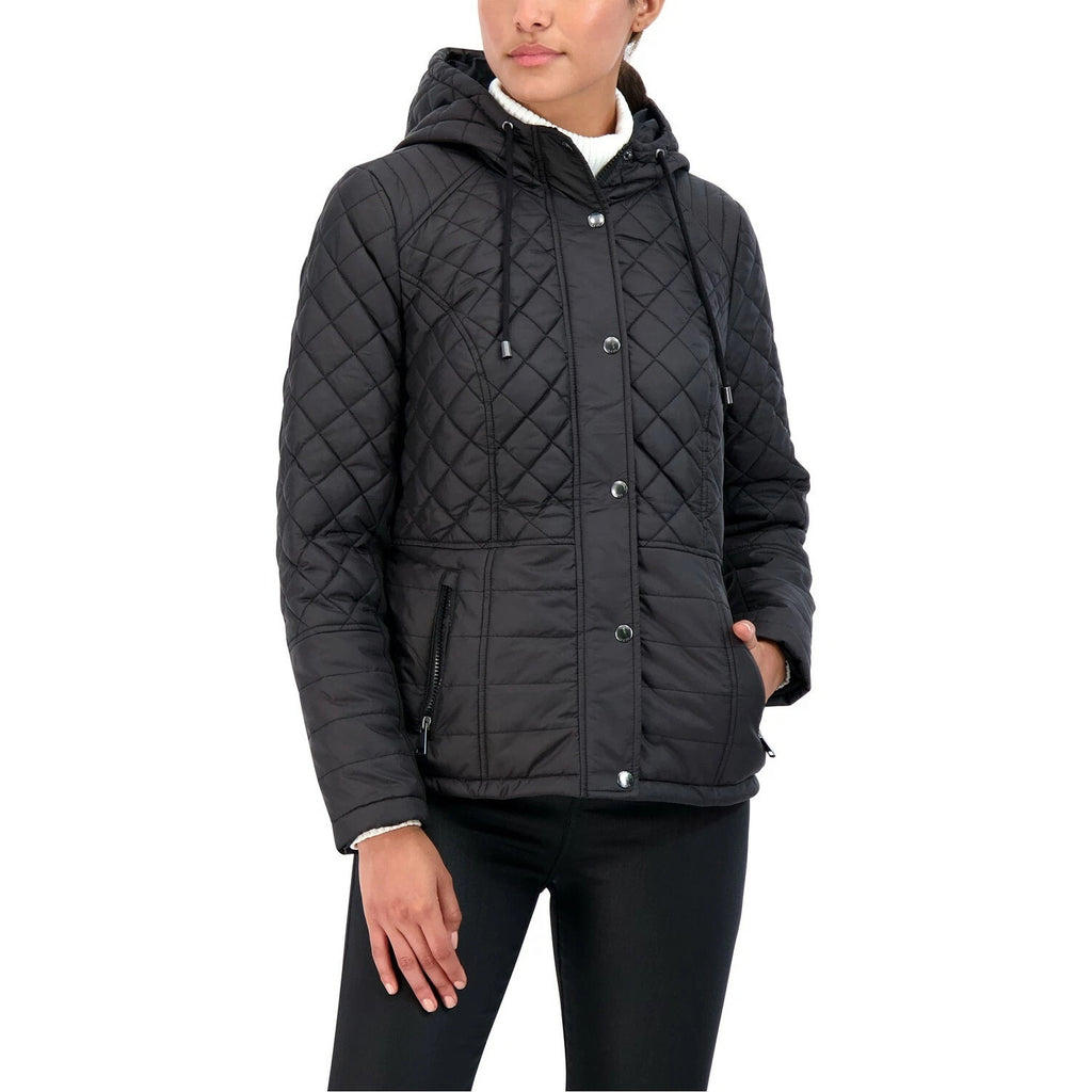 Sebby Hooded Water-Resistant Diamond Quilted Hooded Coat Black Womens Size S