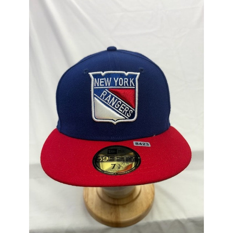 New Era New York Rangers NHL 59FIFTY Fitted Hat Flat Brim Blue Red Mens 7 1/8