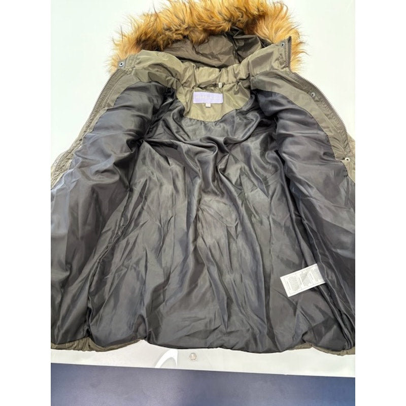 Madden Girl Hooded Faux-Fur-Trim Puffer Coat Zip-Up Olive Juniors Size XS