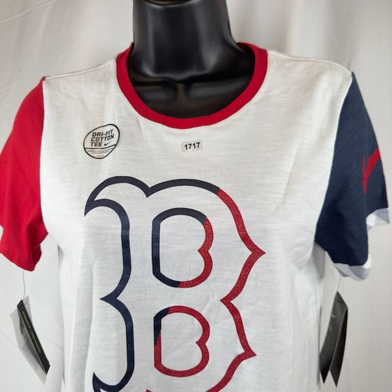 Nike Dri-Fit MLB Boston Red Sox Slub Two-Tone Logo T-Shirt White Womens Size XS