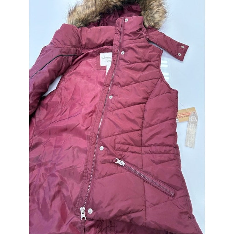American Rag Cie Puffer Vest Fur Hood Snap Zip-Up Burgundy Womens Size XS