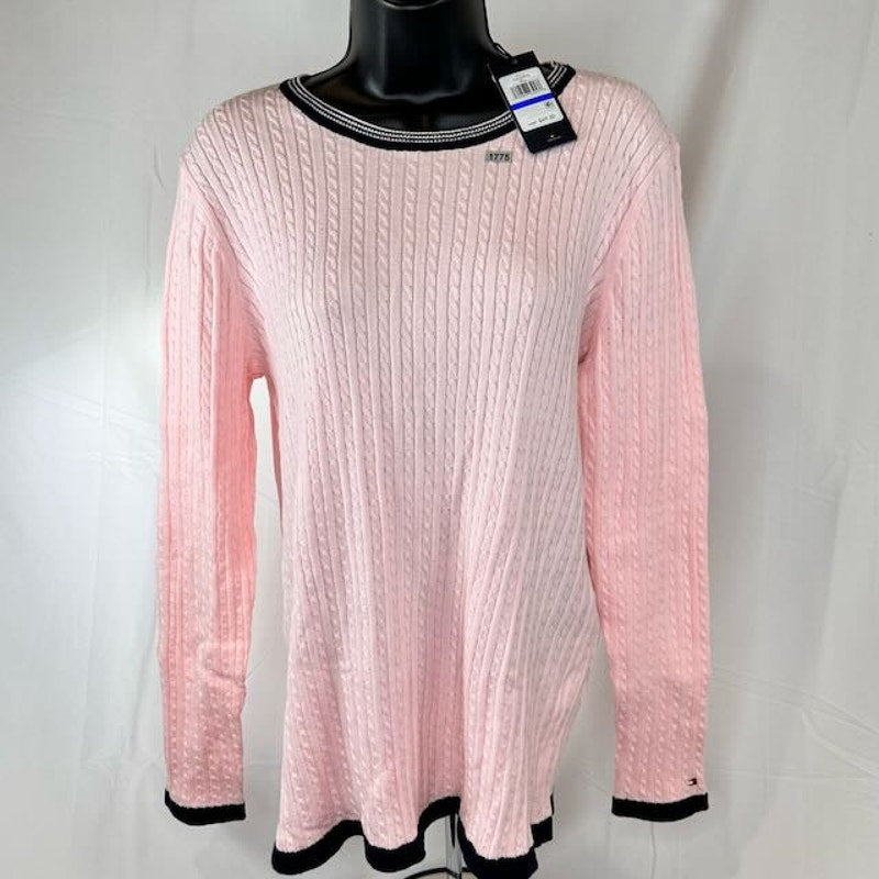 Tommy Hilfiger Cable-Knit Sweater Contrast-Trim Light Pink Black Womens Size XL