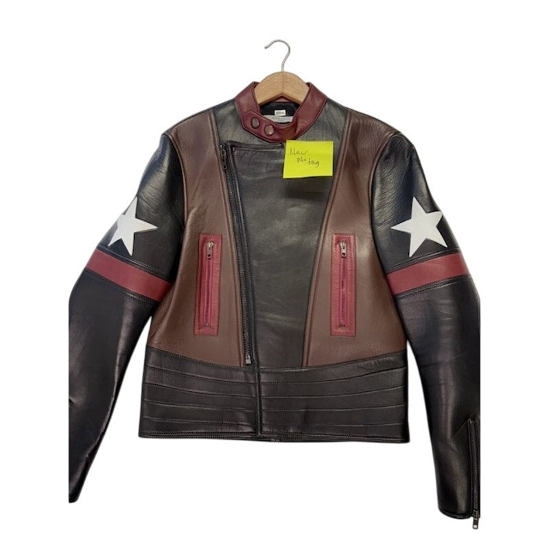 GIVENCHY Star Patch Leather Moto Biker Captain America Jacket Black Mens 48