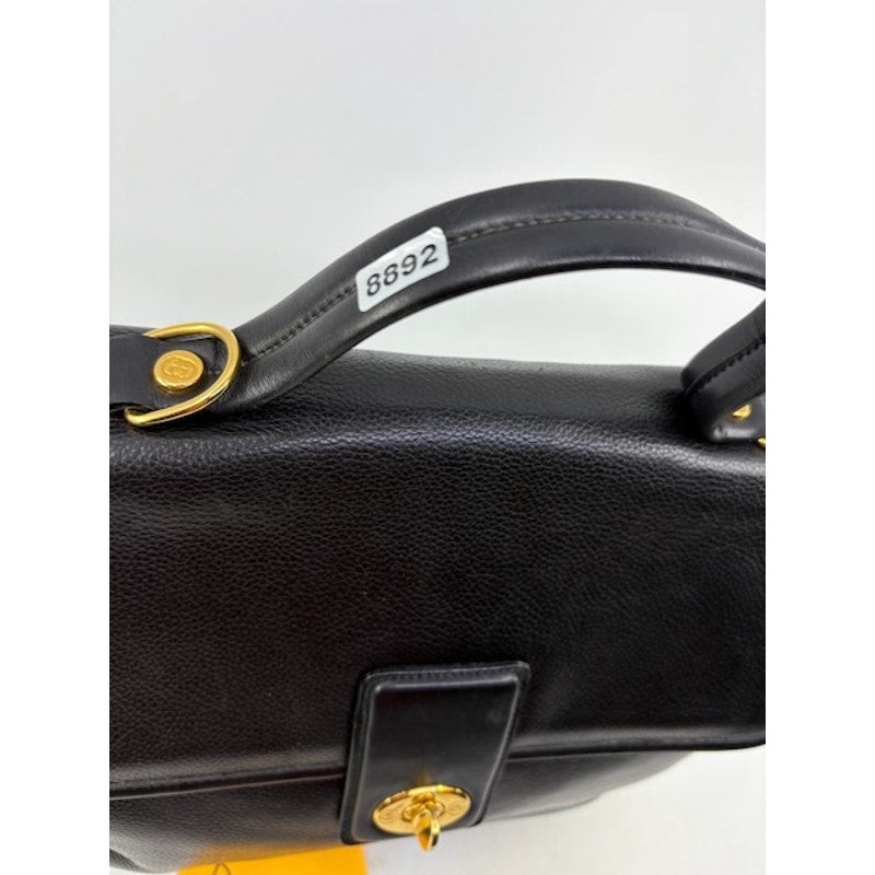 Gucci Vintage Leather Top Handle Satchel Turn Lock Handbag Classic Italy Black
