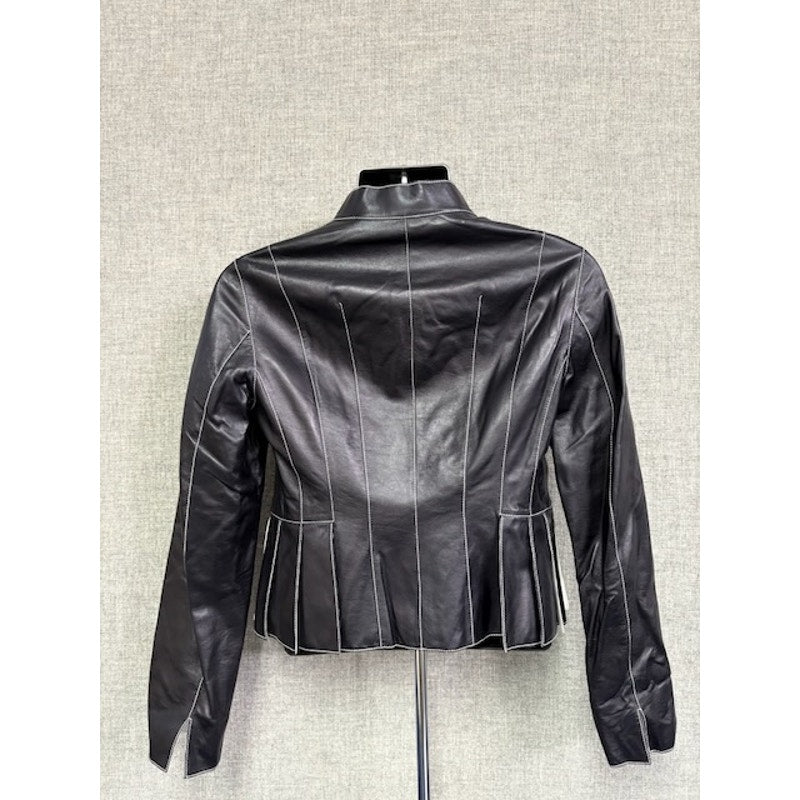 Carlisle Pleated Leather Jacket Zipper-Up High Neck Black Womens Size 8