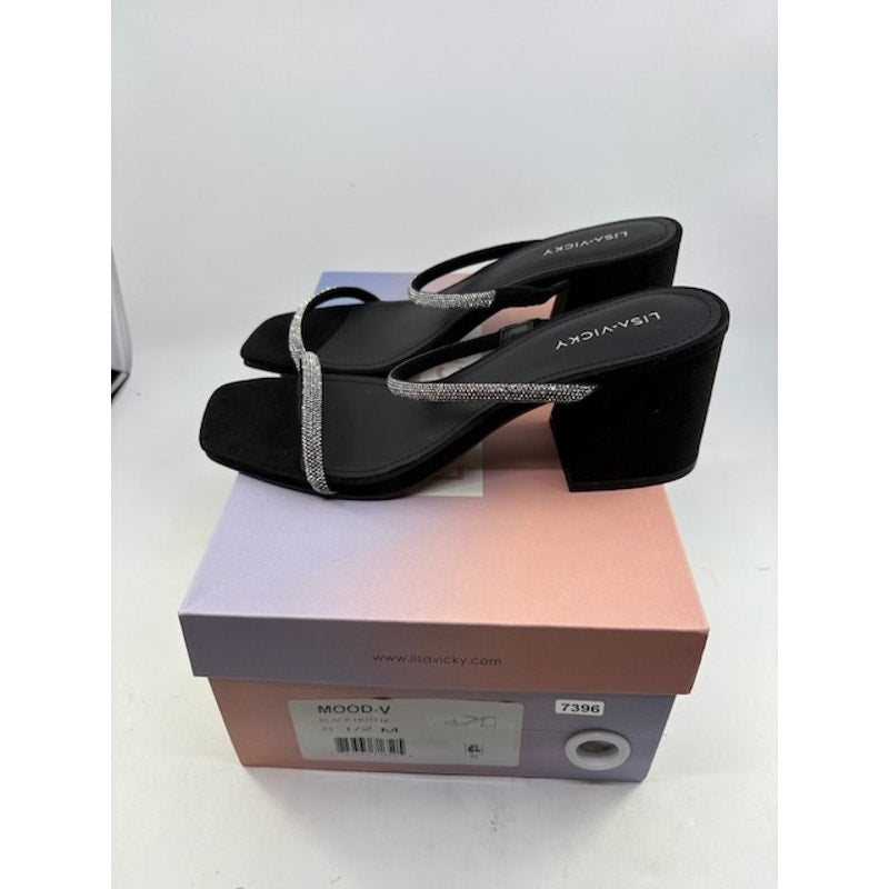 Lisa Vicky Mood Pavé Block Heel Slide Sandals Crystal Strap Black Womens 8.5