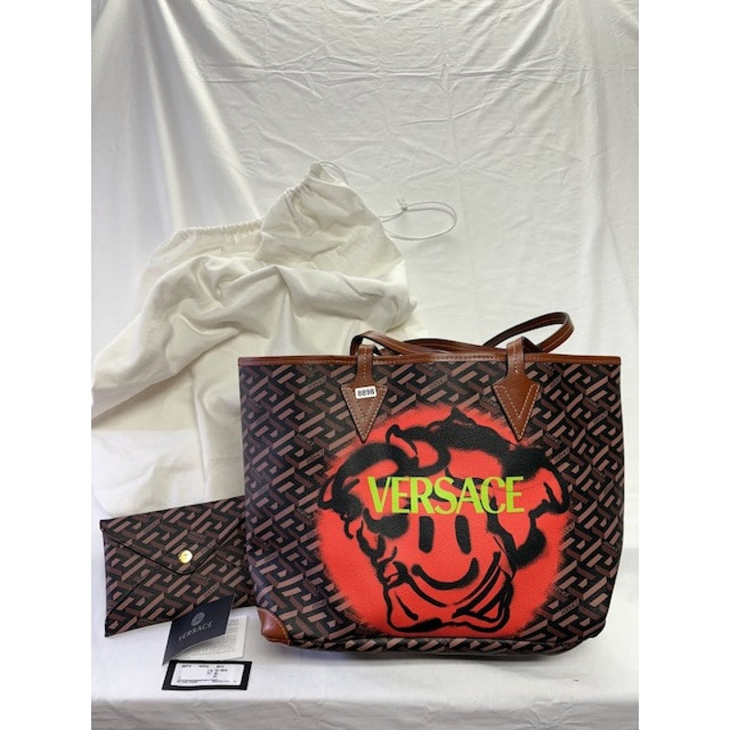 Versace La Greca Medusa Smiley Tote Bag Monogram Canvas Shopper Set Brown