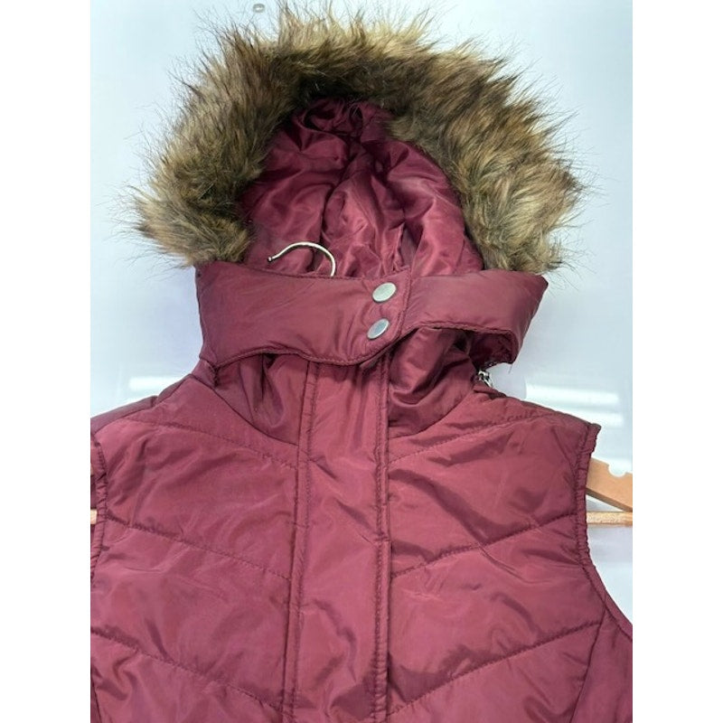 American Rag Cie Puffer Vest Fur Hood Snap Zip-Up Burgundy Womens Size XS