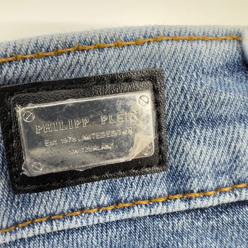 Philipp Plein Evil Smile Bermuda Shorts Denim Light Wash Blue Juniors Size 16