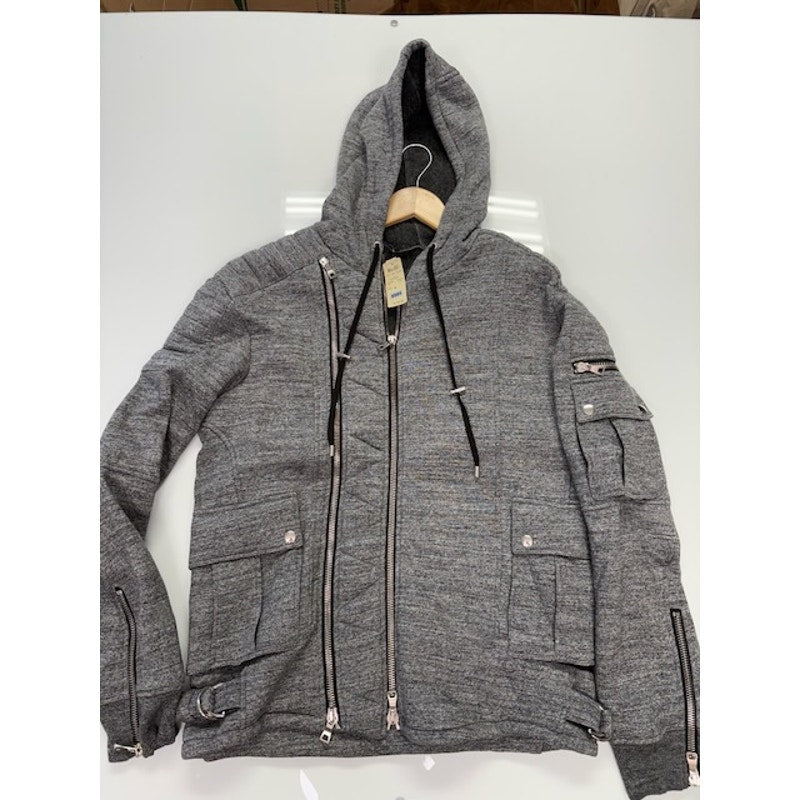Balmain Quilted Biker Hoodie Two-Way Zip Flap Pockets Gray Mens Size XL