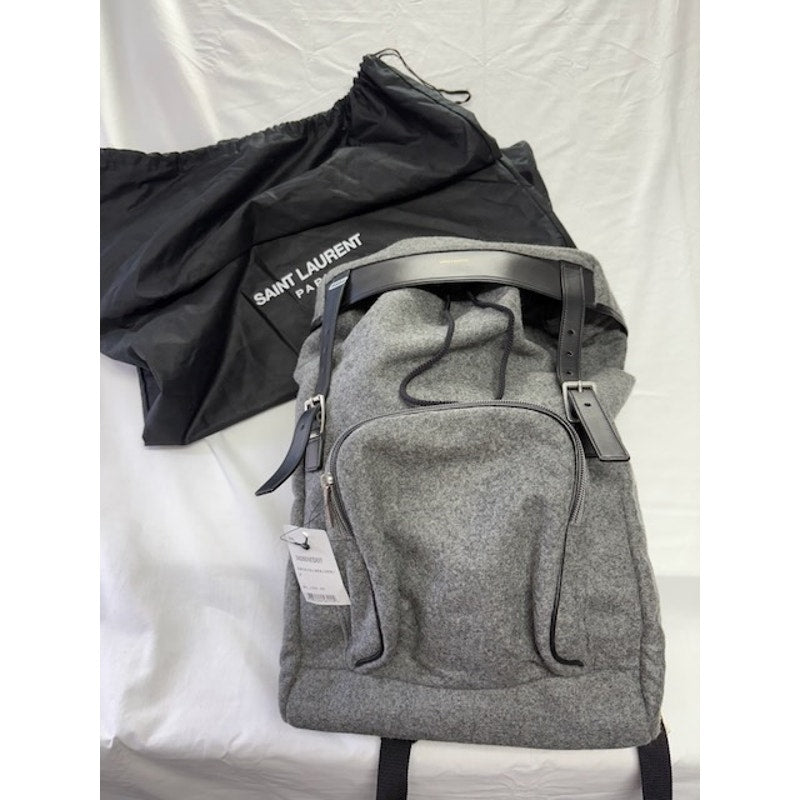 Saint Laurent Paris Leather Trim Wool Backpack Rucksack Drawstring Bag Grey