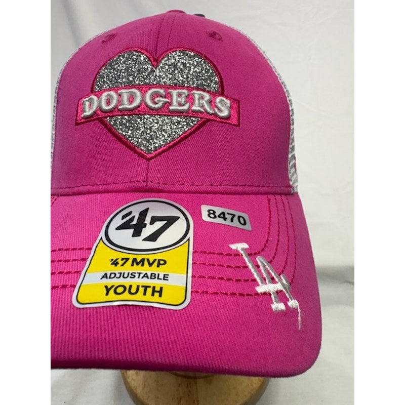 47 Brand Los Angeles Dodgers Trucker Hat Glitter Heart Pink Gray Youth