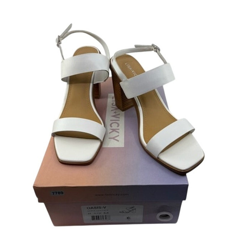 Lisa Vicky Oasis-V Leather Block Heel Sandals Ankle Strap White Womens 8.5