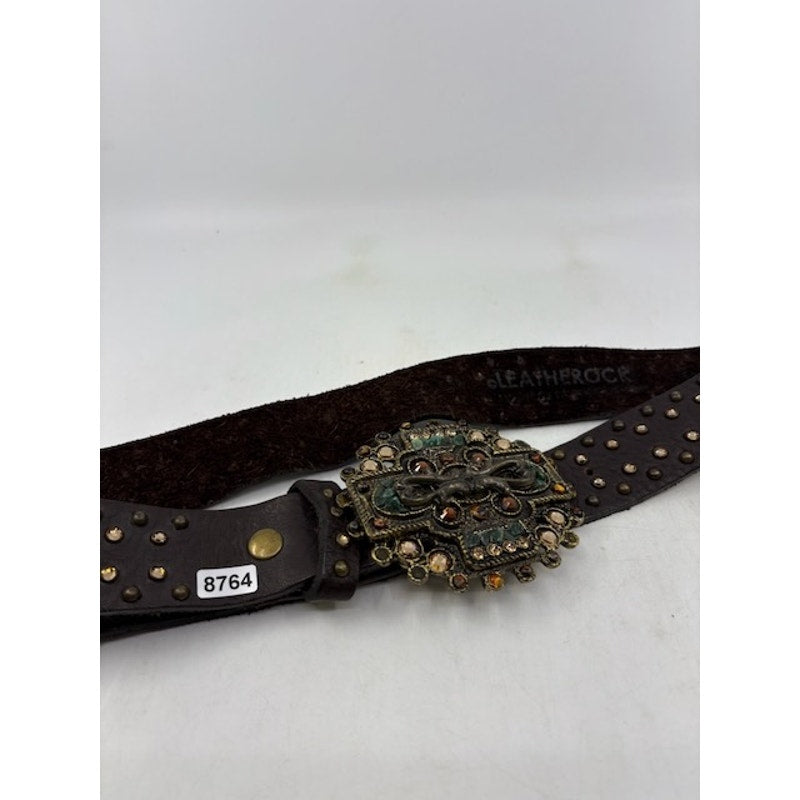 Leatherock Belt Studded Leather Crystal Buckle Western Boho Brown Womens Size L
