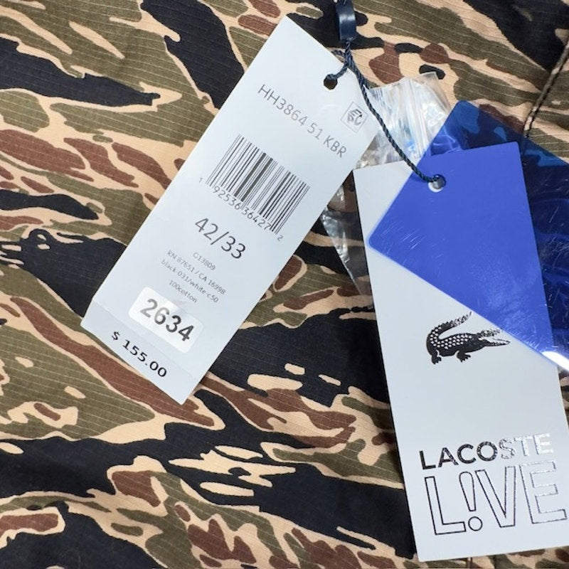 Lacoste Live Cargo Shorts Twill Cotton Loose Fit Camo Black Khaki Mens 42/33