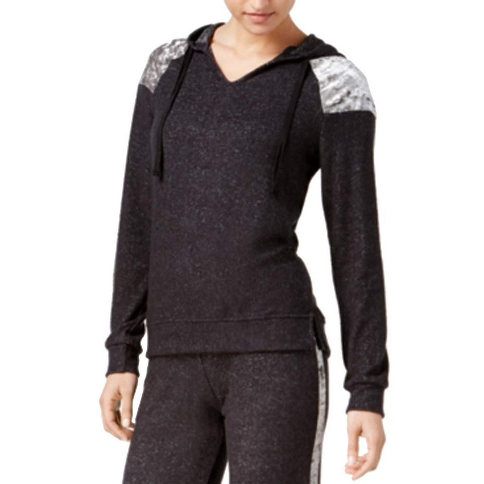 Hippie Rose Velvet Trim Cozy Hoodie Pullover Charcoal Combo Juniors Size XS