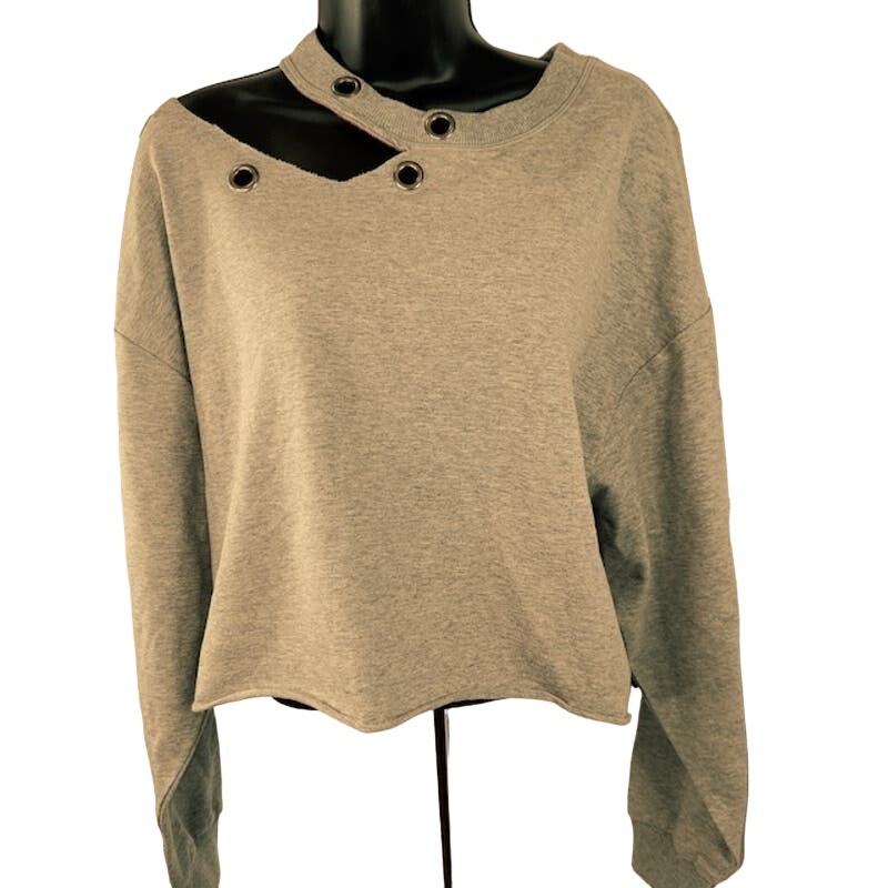 KadyLuxe Dog Collar Pullover Sweatshirt Crop Raw Hem Heather Gray Womens XS