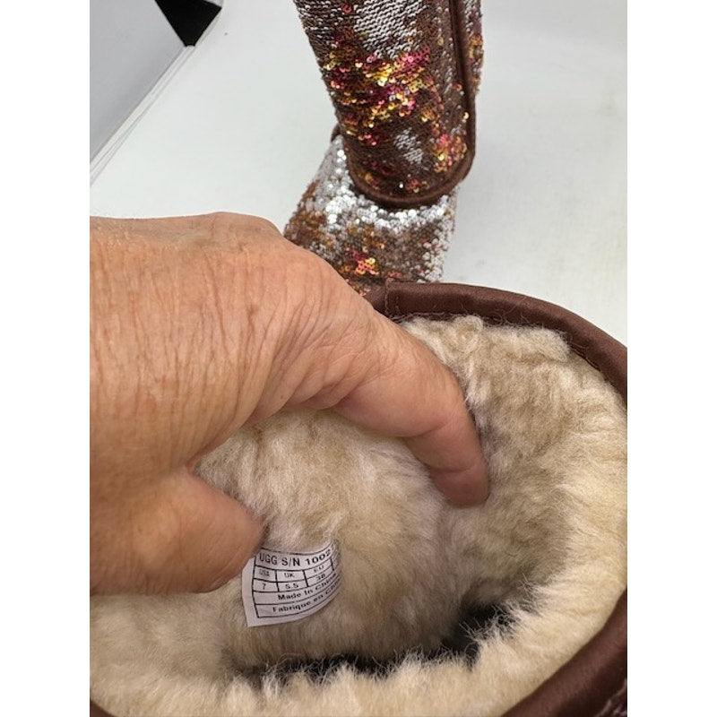 UGG Sequin Embellishments Mid-Calf Snow Boots Shearling Trim Brown Womens Size 7