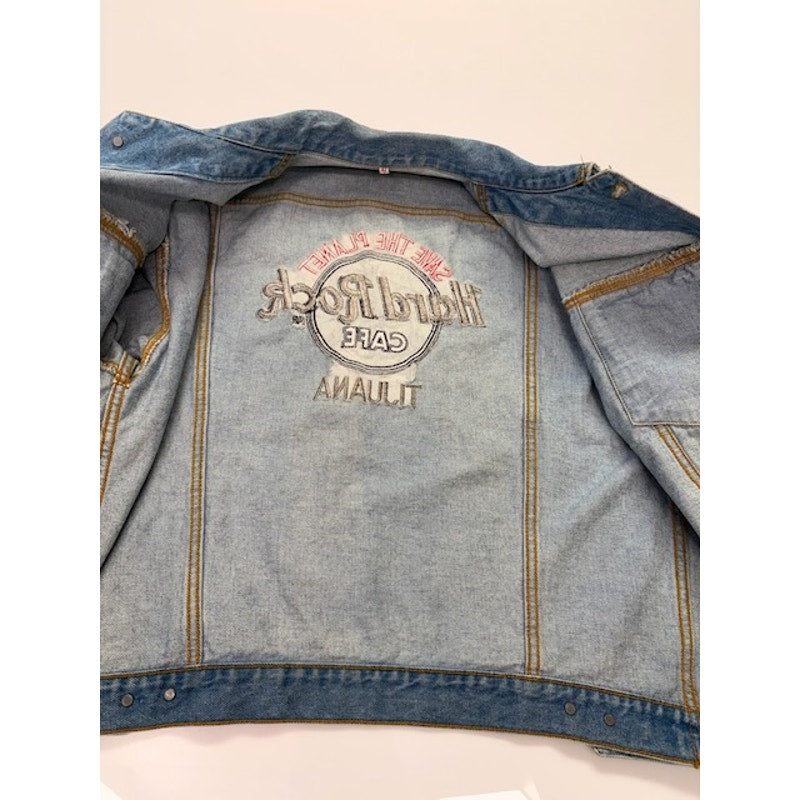 Vintage Hard Rock Cafe Tijuana Denim Jacket Embroidered Logo Blue Mens Size 42