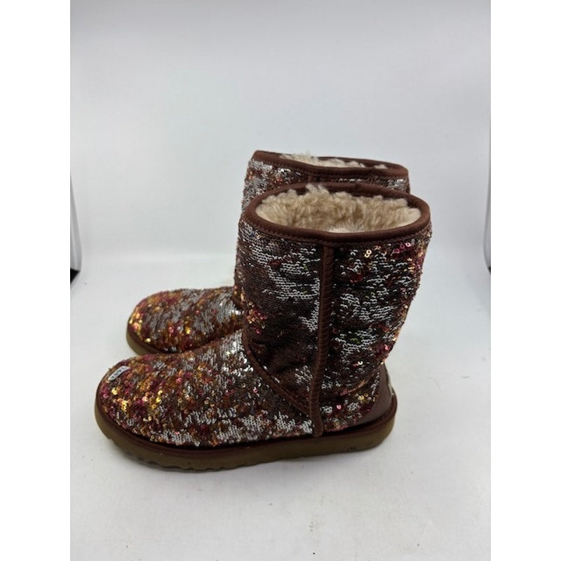 UGG Sequin Embellishments Mid-Calf Snow Boots Shearling Trim Brown Womens Size 7