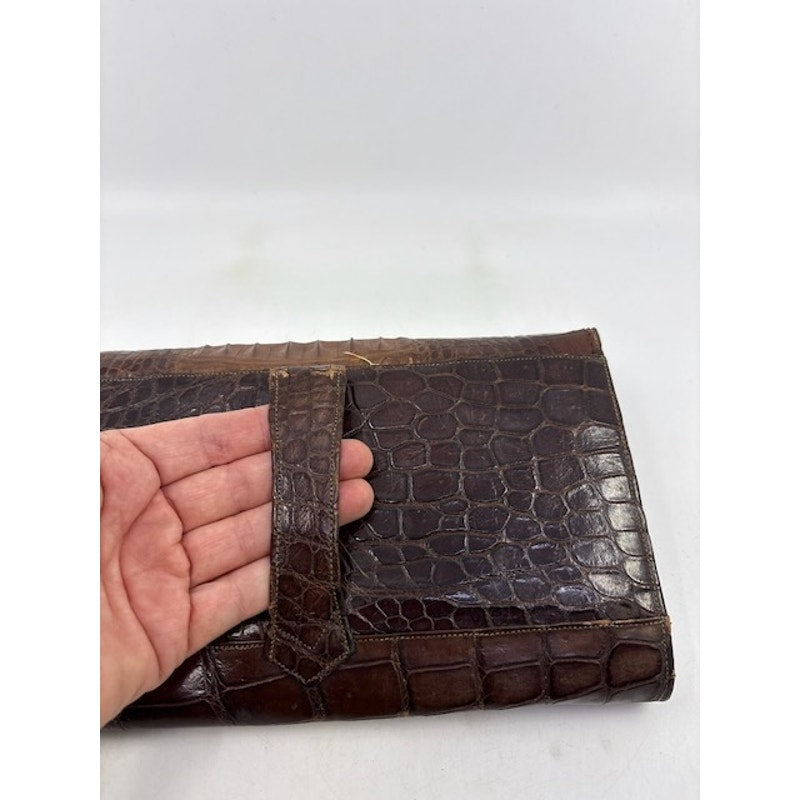 Vintage Genuine Crocodile Alligator Clutch Wallet Exotic Leather Handbag Brown