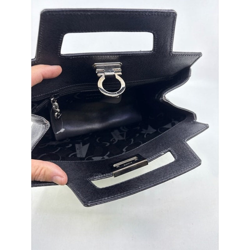 Salvatore Ferragamo Vintage Leather Hand Bag Gancini Clasp Structured Bag Black