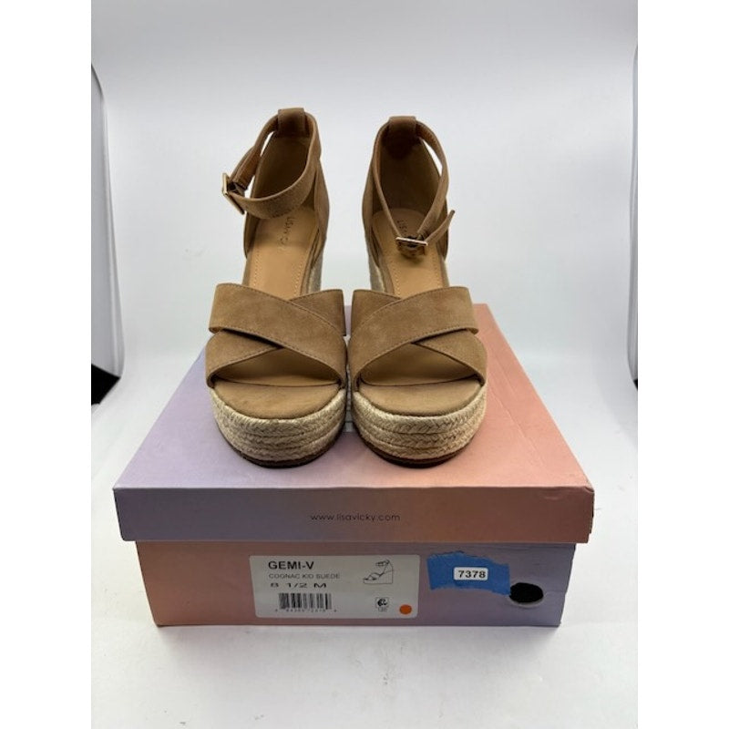 Lisa Vicky Gemi Platform Wedge Sandal Ankle Strap Leather Cognac Womens 8.5