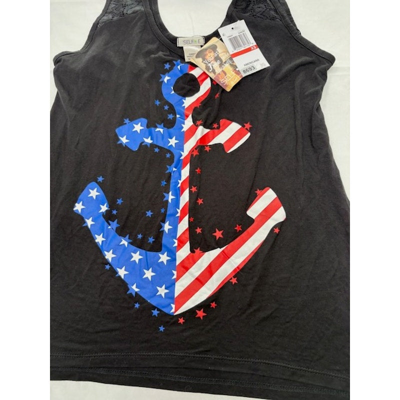 Self Esteem Patriotic American Anchor Logo Tank Top Lace Back Black Women XS