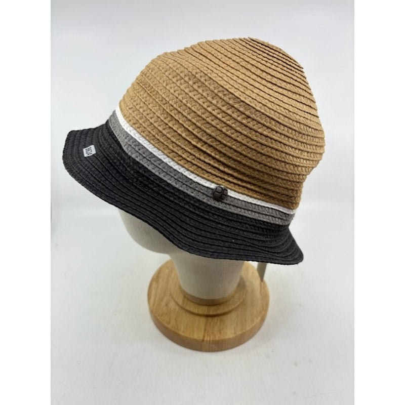 Perry Ellis Portfolio Straw Bucket Hat Summer Sun Cap Tan Black Stripe L/XL