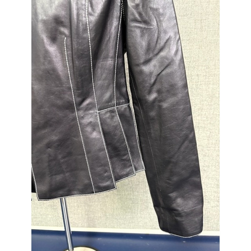Carlisle Pleated Leather Jacket Zipper-Up High Neck Black Womens Size 8