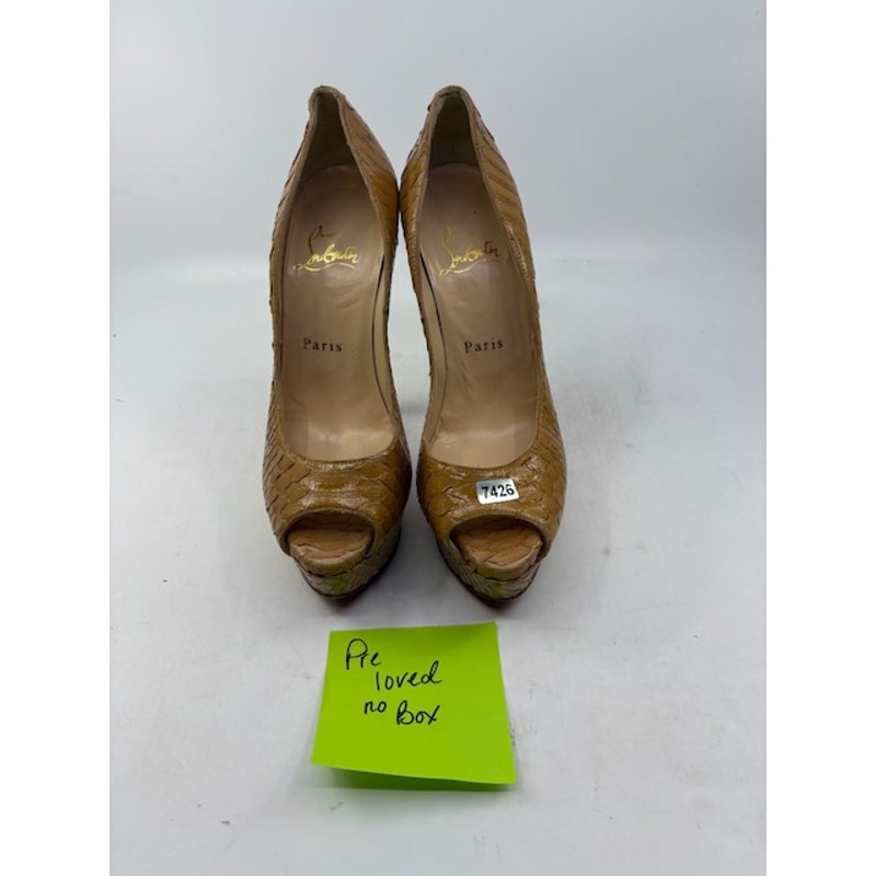 Christian Louboutin Python Pumps Platform Peep Toe Leather Tan Womens Size 36