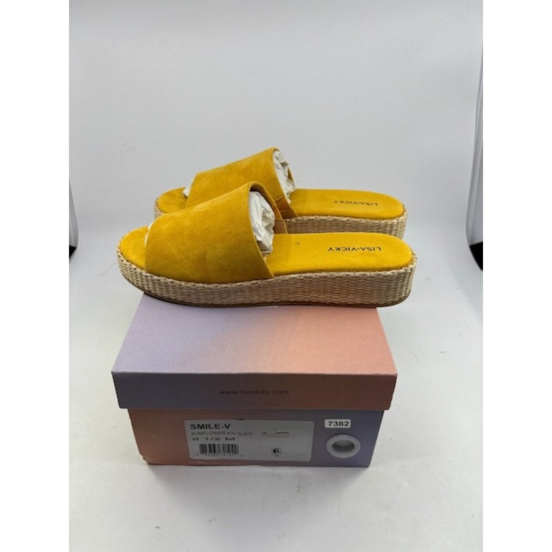 Lisa Vicky Smile-V Platform Slide Sandals Sunflower Raffia Womens Size 8.5