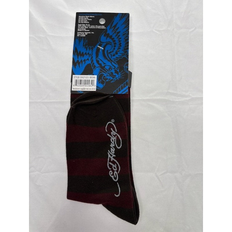 Ed Hardy Devil Tattoo Graphic Mid Calf Socks Striped Brown/Burgundy Adult OS